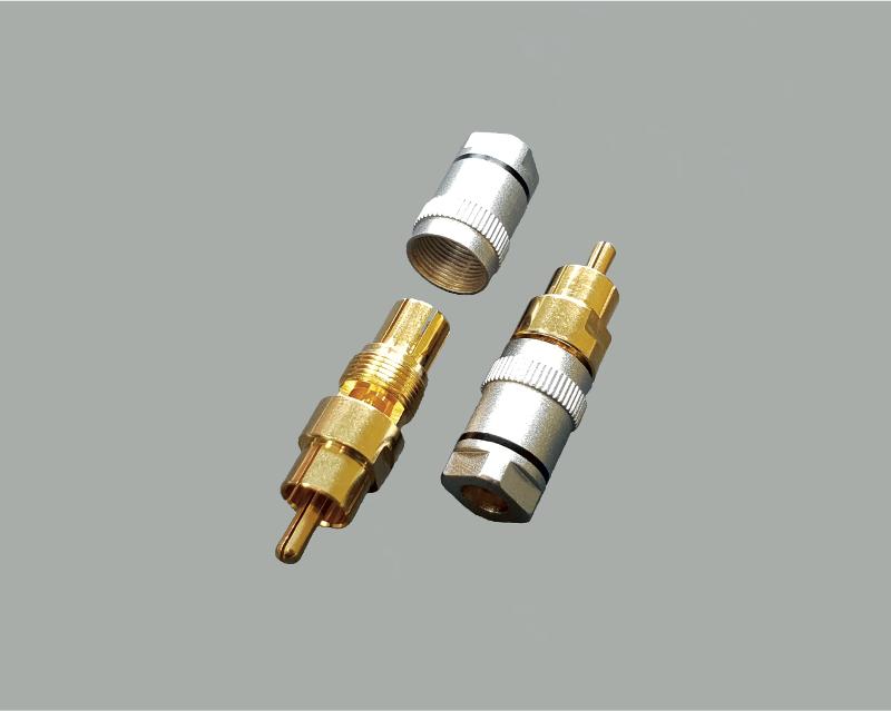 RCA plug, metal, gold plated, black ring, screw type, no solder needed, cable outer diameter 5-6mm