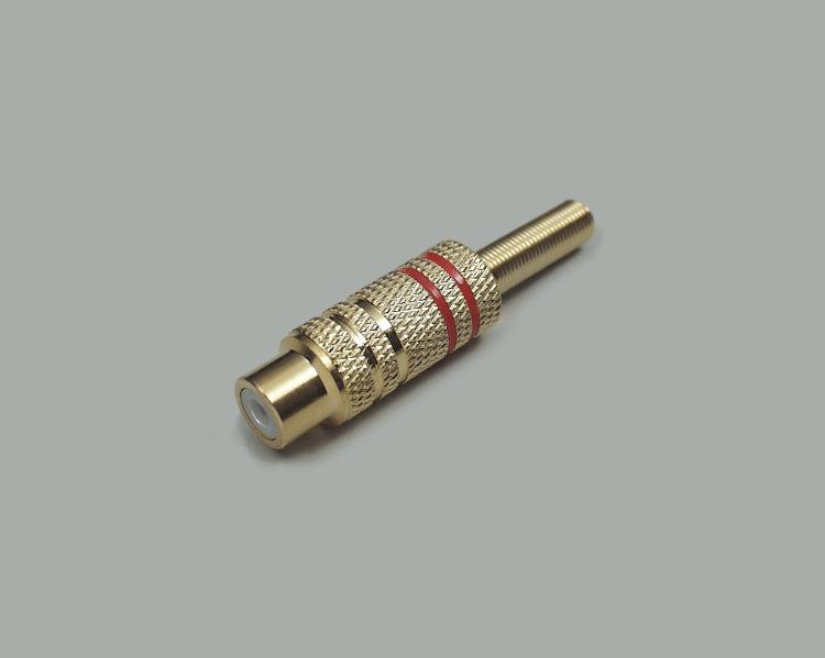 RCA jack, metal, anti-kink protection, gold plated contacts, red color ring, cable-Ø 4mm