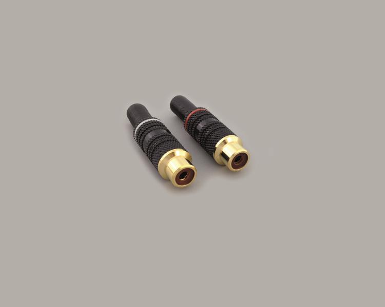 RCA jack, metal, anti-kink protection, gold plated contacts, black housing, white color ring, cable Ø 6mm