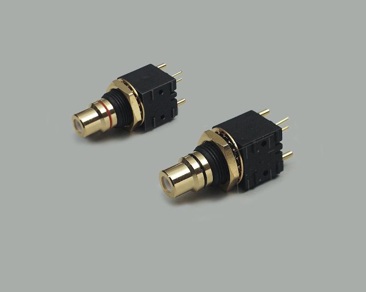 RCA socket, PCB type 180°, gold plated contacts, black color ring