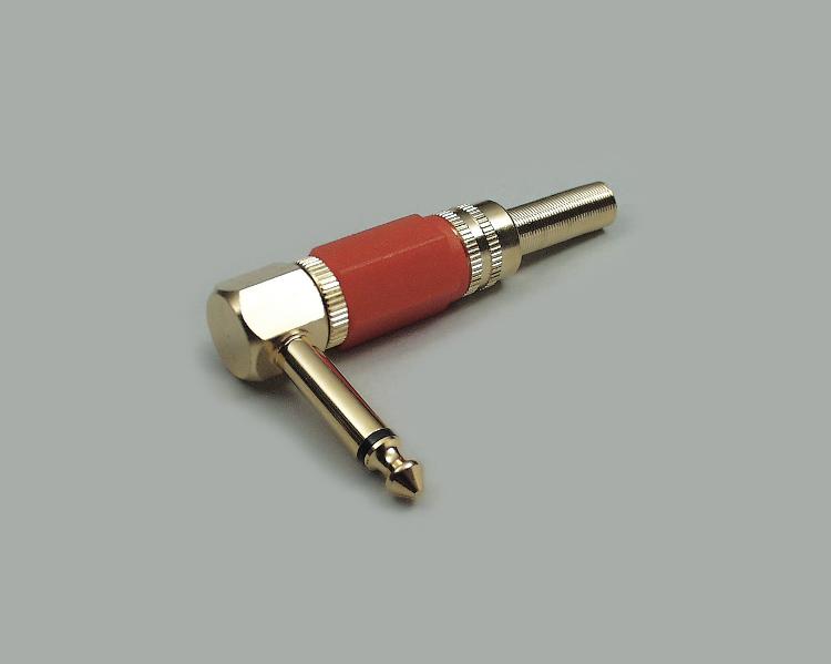 High-end design right angled audio plug, 6,3mm, 2-pin, fully gold plated, black grip sleeve, cable-Ø 6,8mm