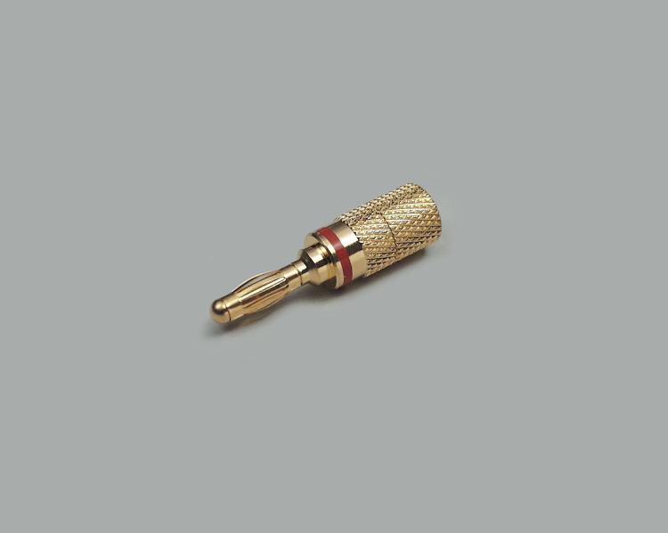 High-end design banana plug, cable-Ø 4,0mm², fully gold plated, cable opening 4mm, red color ring
