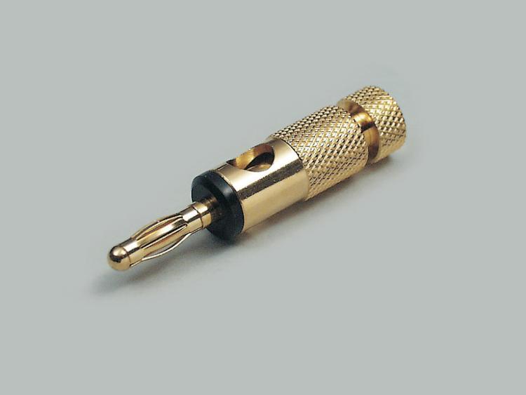 High-end design banana plug, Ø 4,0mm, fully gold plated, cable opening 5mm, cable-Ø 6,0mm², red color ring