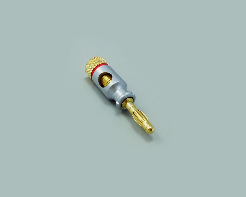High-end banana plug,  Ø 4mm, with cross hole, housing pearlchrome, red color ring