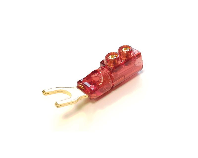 High-end cable shoe, fully gold plated, double screw connection, red color ring, cable-Ø 16mm²