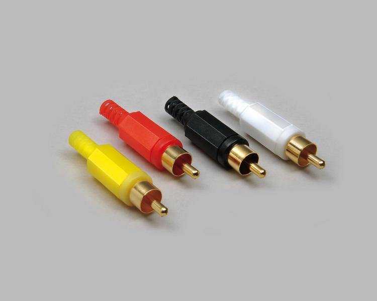 RCA plug, anti-kink protection, yellow, gold plated contacts