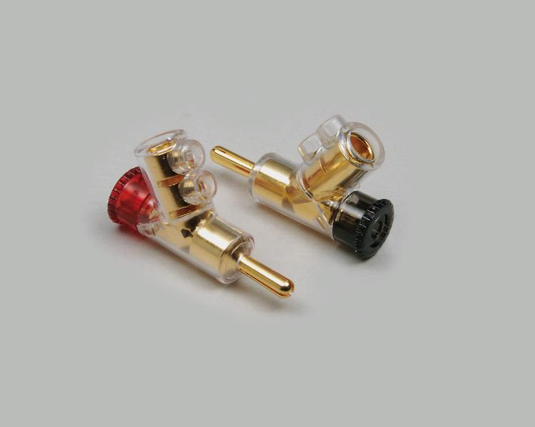 High-end angled banana plug, fully gold plated, double screw connection, red color ring