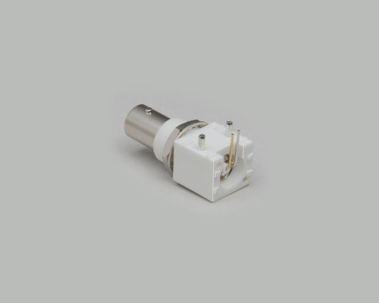 build-in BNC socket, isolated, PCB type 90°, white plastic housing, 75 Ohm, Height 13,1mm