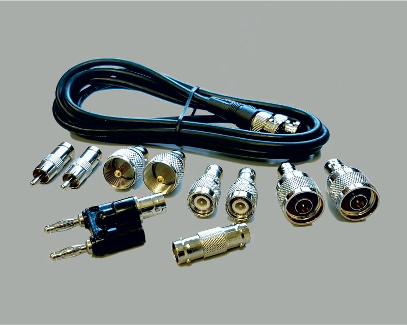 BNC connection set: 1x BNC cable, with cable sleeve, BNC plug to BNC plug, cable type RG 58/U, 50 Ohm, length 2,0m, 1x BNC jack to BNC jack adapter, Delrin, 50 Ohm; 2x TNC plug to BNC jack adapter, Delrin, 50 Ohm; 2x N-plug to BNC jack adapter , Delrin, 50 Ohm; 2x UHF plug to BNC jack adapter, Delrin; 1x BNC jack to RCA plug adapter, Delrin, 50 Ohm; 1x BNC jack to two banana jacks, 4mm