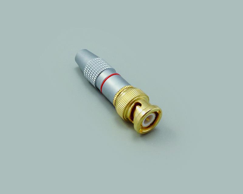 BNC plug, soldering type, red colored ring, housing pearlchrome