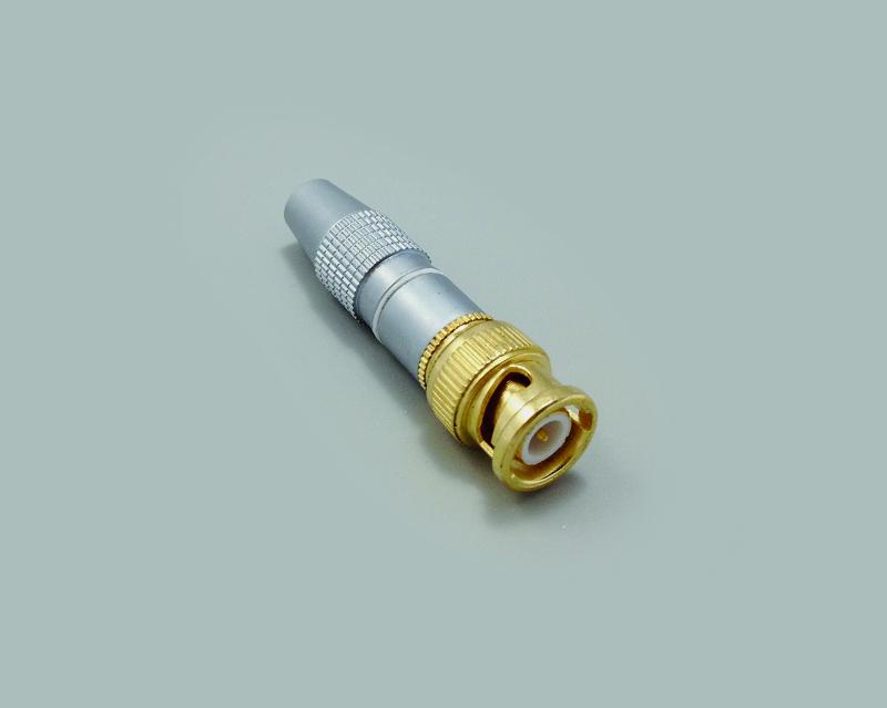 BNC plug, soldering type, white colored ring, housing pearlchrome