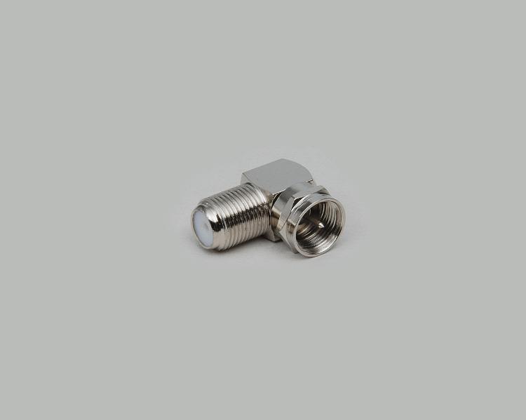 right angled F-plug to F-jack adapter, Delrin, 75 Ohm