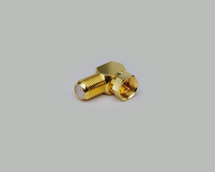 right angled F-plug to F-jack adapter, fully gold plated, Delrin, 75 Ohm