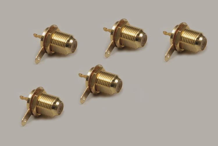 Set: 5x build-in F-socket, fully gold plated, single hole mouting, thread length 11mm, with nut, Delrin, 75 Ohm