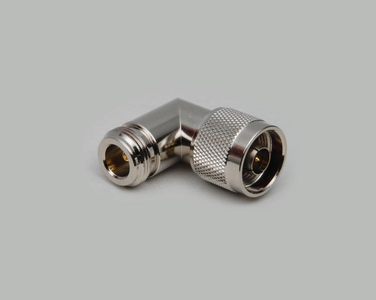 right angled N-plug to N-jack adapter, Delrin, 50 Ohm