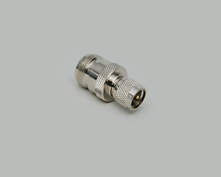 Mini-UHF plug to N-jack adapter, Delrin, 50 Ohm