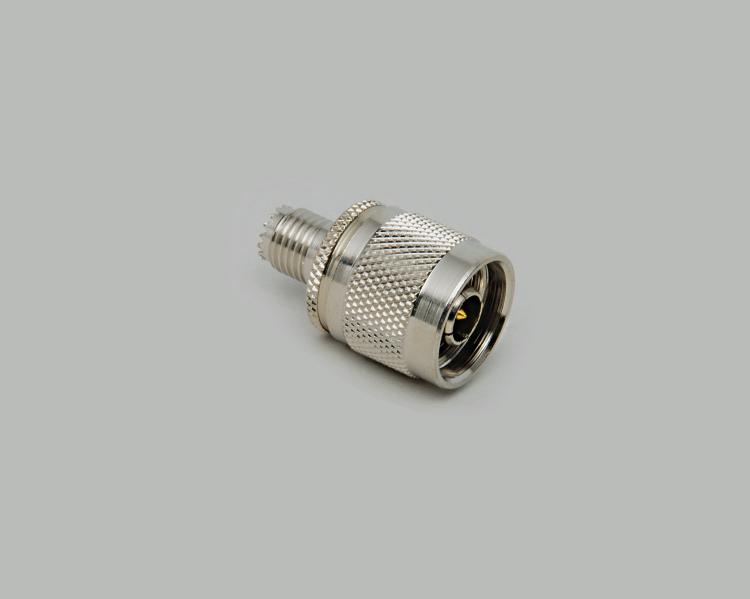 Mini-UHF jack to N-plug adapter, Delrin, 50 Ohm