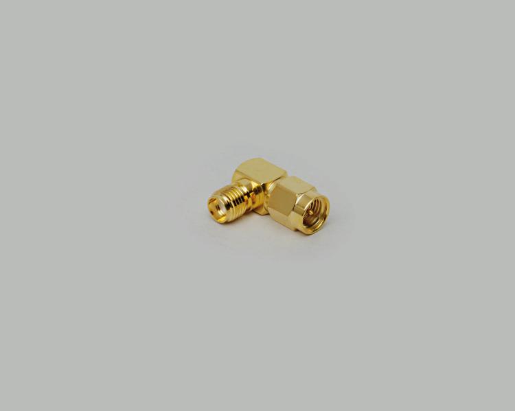right angled adapter, SMA plug to SMA jack, fully gold plated, Teflon, 50 Ohm