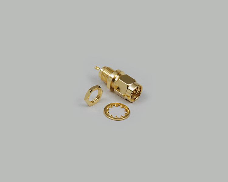 build-in SMA plug, solder type, single hole mounting, fully gold plated, Teflon, 50 Ohm