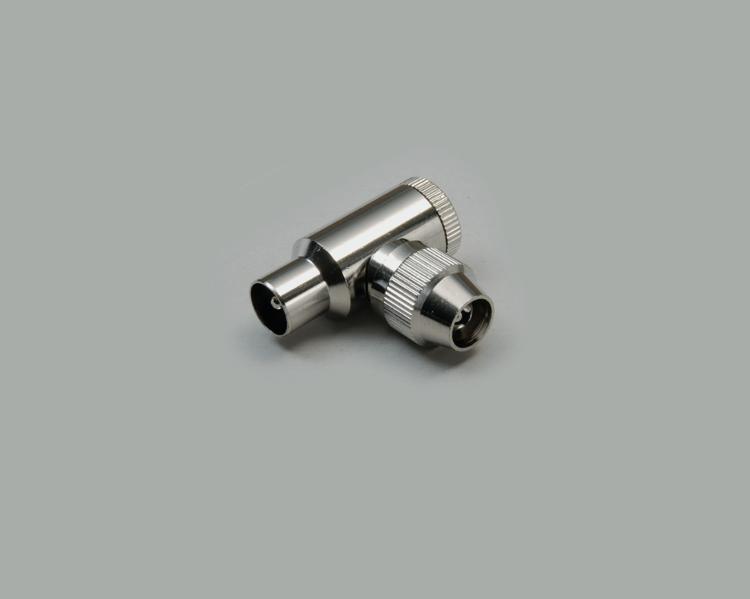 right angled coax plug, plug-in connection, shielded, screening factor ≥ 75 dB, full metal design, 75 Ohm