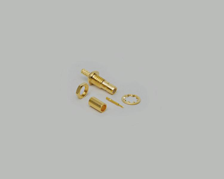 build-in SMB socket, crimp type, single hole mounting, fully gold plated, short design, RG 174/U, Teflon, 50 Ohm