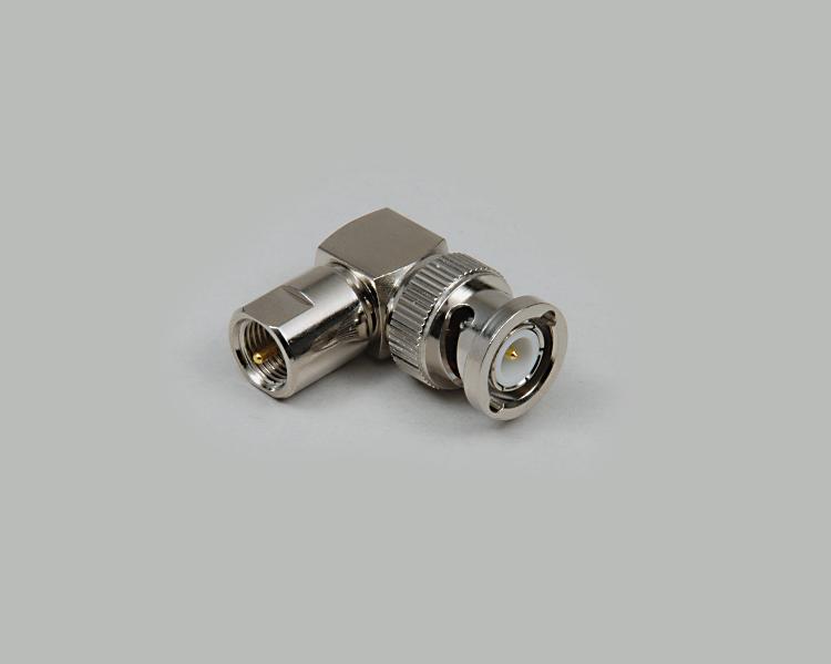 right angled BNC plug to FME plug adapter, Delrin, 50 Ohm