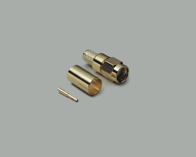Reverse SMA plug, crimp type, fully gold plated, RG 174/U, Teflon, 50 Ohm