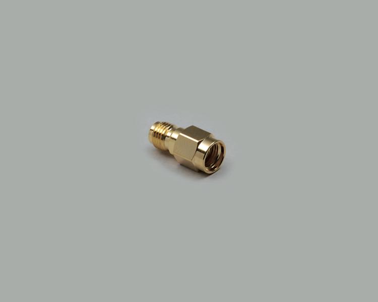 SMA reverse plug to SMA jack adapter, fully gold plated, Teflon, 50 Ohm