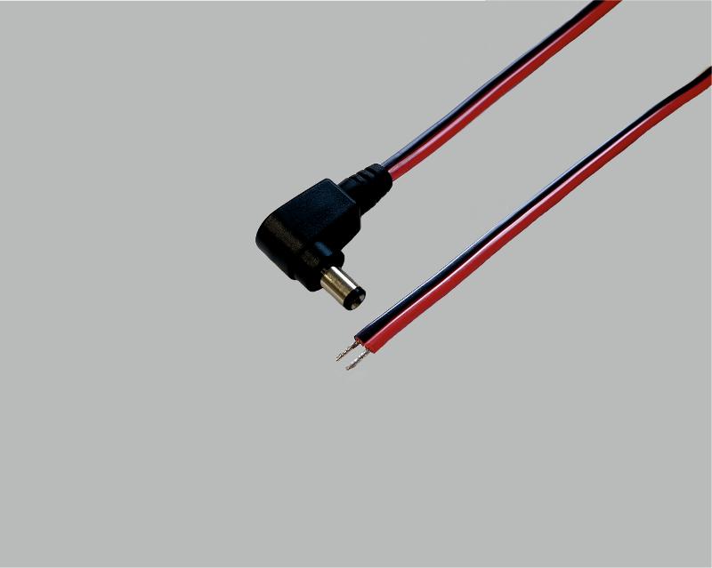 low power cable (twin), Ø 2x0,40mm² (2x35x0,12mm), right angled low power plug 2,5/5,5/9,5mm to stripped and tinned ends (5mm), black/red, length 2m