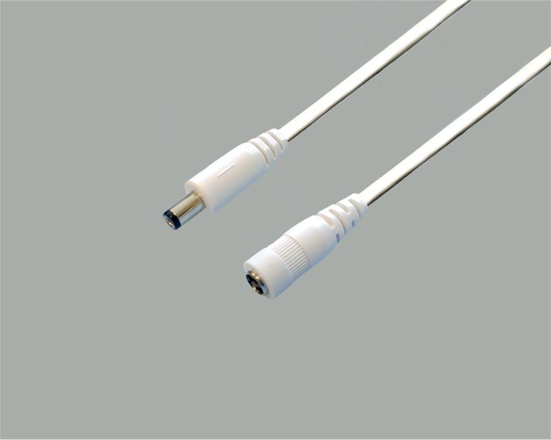 low power cable, Ø 2x0,50mm² (2x18x0,19mm), low power plug 2,1/5,5/9,5mm to low power socket 2,1/5,5mm, white, length 3,0m