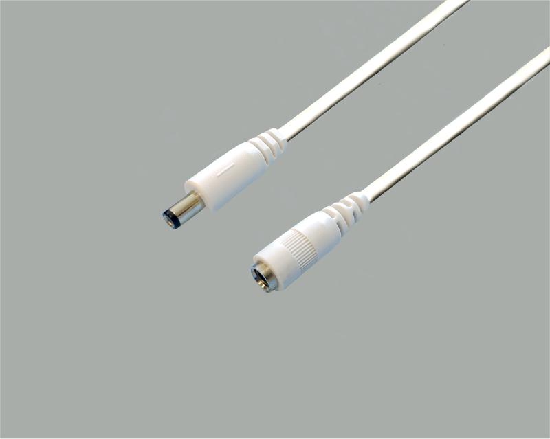 low power cable, Ø 2x0,50mm² (2x18x0,19mm), low power plug 2,5/5,5/9,5mm to low power socket 2,5/5,5mm, white, length 3,0m