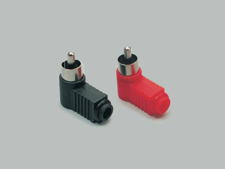 right angled RCA plug, high quality design, gold plated contacts, black plastic housing, cable-Ø 4,8mm