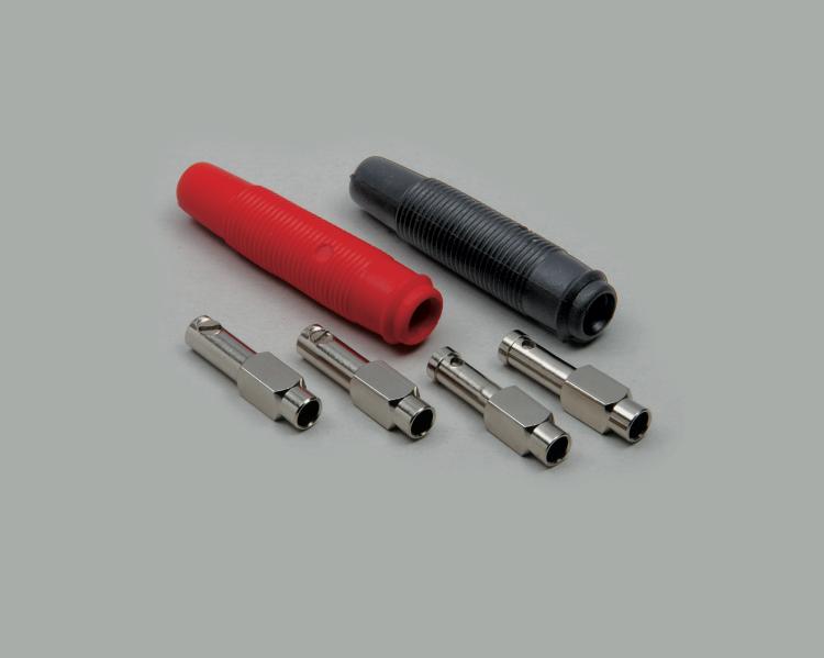 banana jack, solder type, highly flexible and crush-proofed, red PVC sleeve, cable-Ø 2,5mm²
