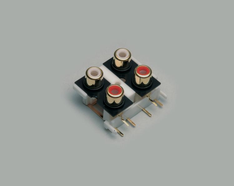 build-in RCA socket, PCB type 90°, gold plated contacts, 4-fold version, red and white color rings
