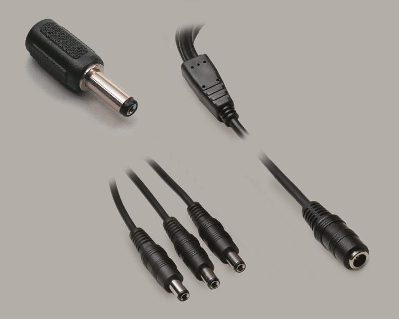 DC Set, DC Verteiler schwarz (1,1m) 1x Kupplung 2,1/5,5mm auf 3x Stecker 2,1/5,5mm + DC Adapter Stecker 2,1/5,5mm auf Kupplung 2,5/5,5mm