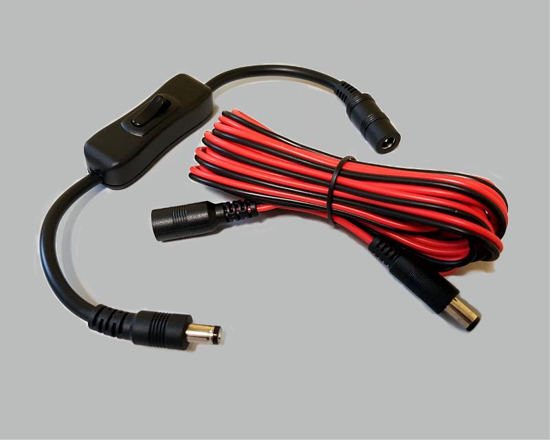 dc-set, dc extension cable with switch + dc extension cable 2x0,75mm², 2,5/5,5/9,5mm, color red/black