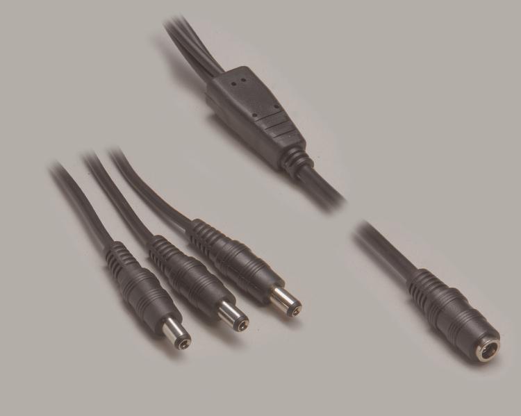 dc-splitter, dc jack 2,1/5,5mm to 3x dc plug 2,1/5,5mm, color black, length 1100mm