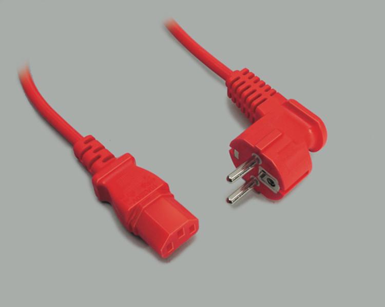 IEC power cable, cable H05VV-F 3G1,00mm² with angled safety plug and IEC C-13 socket, dual grounding system, red, length 2,5m