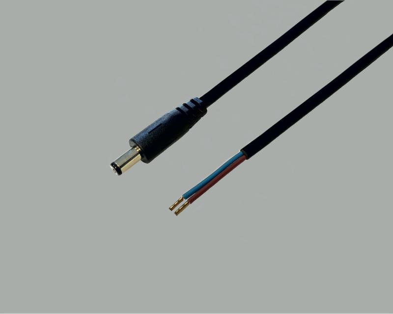 low power cable with plug to stripped ends, low power plug 2,1x5,5mm, 2x0,5mm², black, 0,3m, with wire ferrules