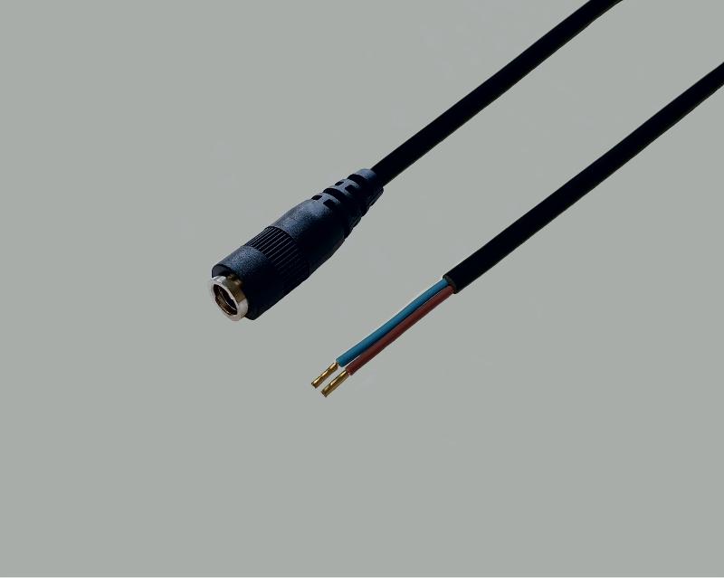low power cable with socket to stripped ends, low power socket 2,5x5,5mm, 2x0,5mm², black, 0,5m, with wire ferrules