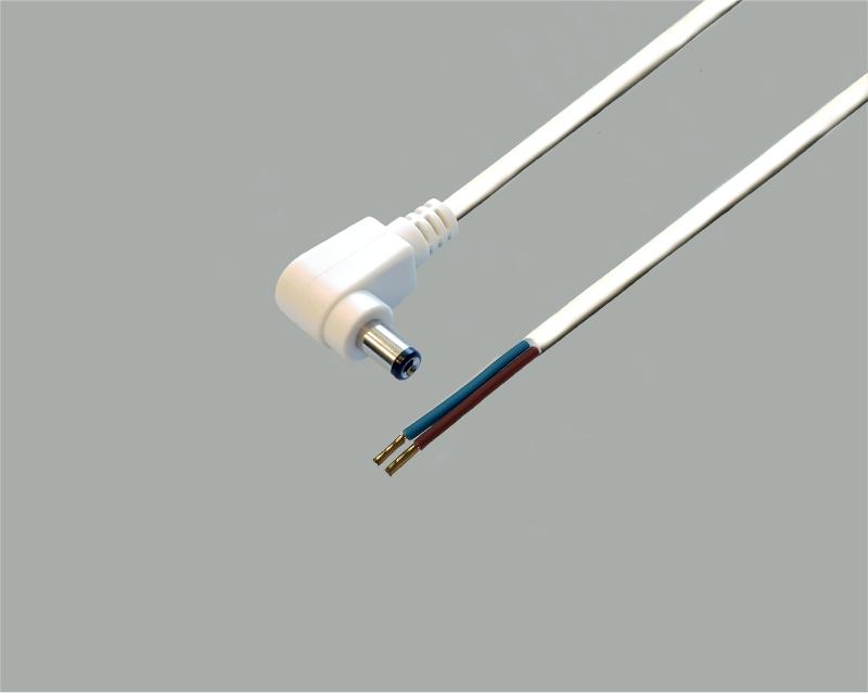 low power cable with plug to stripped ends, right angled low power plug 2,1x5,5mm, 2x0,5mm², white, 0,3m, with wire ferrules