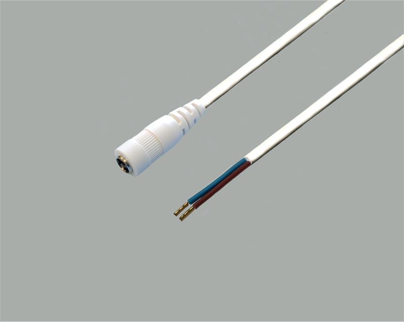 low power cable with socket to stripped ends, low power socket 2,1x5,5mm, 2x0,5mm², white, 0,3m, with wire ferrules