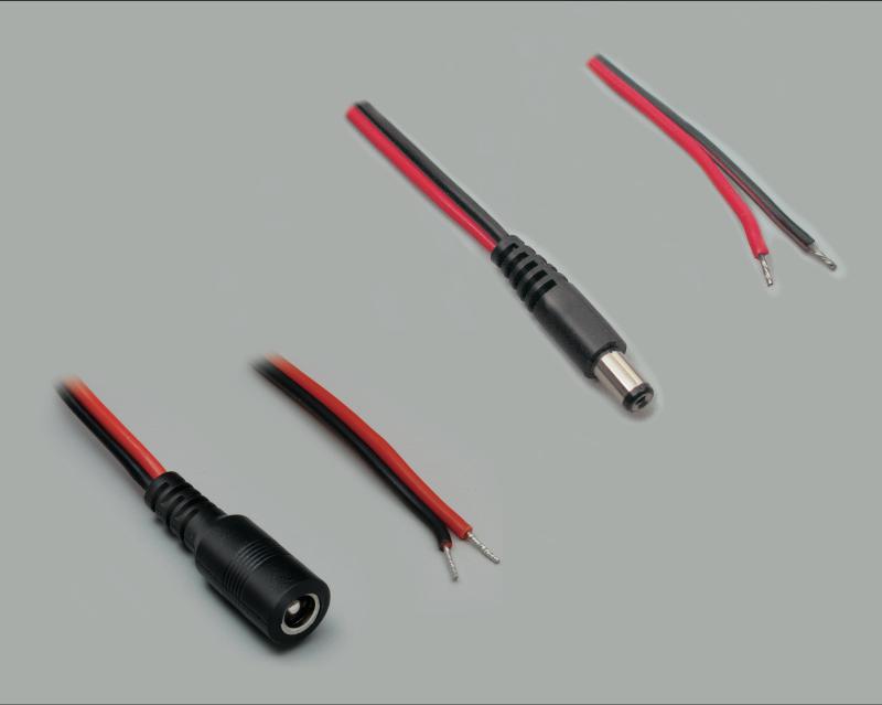 2x low power cable set 2x0,75mm², red/black, tinned ends, 2m: 1x low power plug 2,1x5,5mm, 1x low power socket 2,1x5,5mm