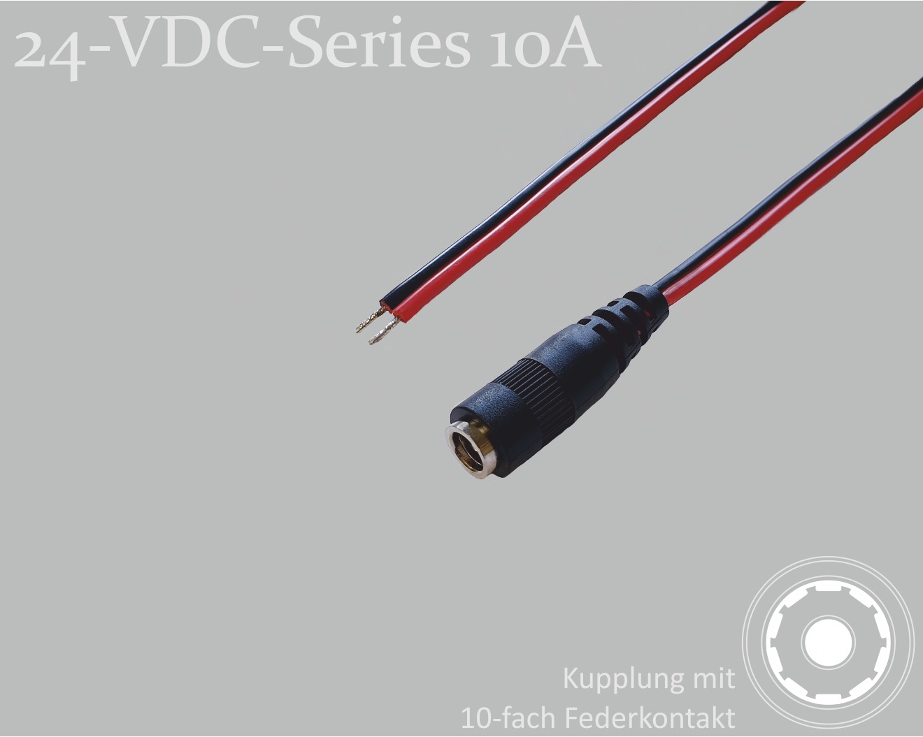 24-VDC-Series 10A, DC-Anschlusskabel, DC-Kupplung mit 10-Federkontakt 2,1x5,5mm, Flachkabel 2x0,75mm², rot/schwarz, verzinnte Enden, 1,5m