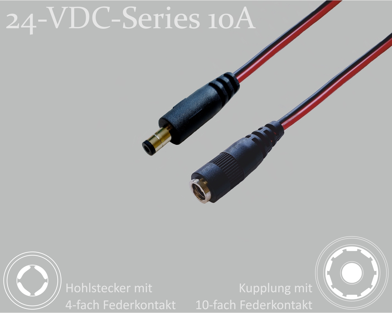 24-VDC-Series 10A, DC extension cable, DC male with 4-spring contact 2.1x5.5x9.5mm to DC female with 10-spring contact 2.1x5.5mm, flat cable 2x0.75mm², red/black, 4m