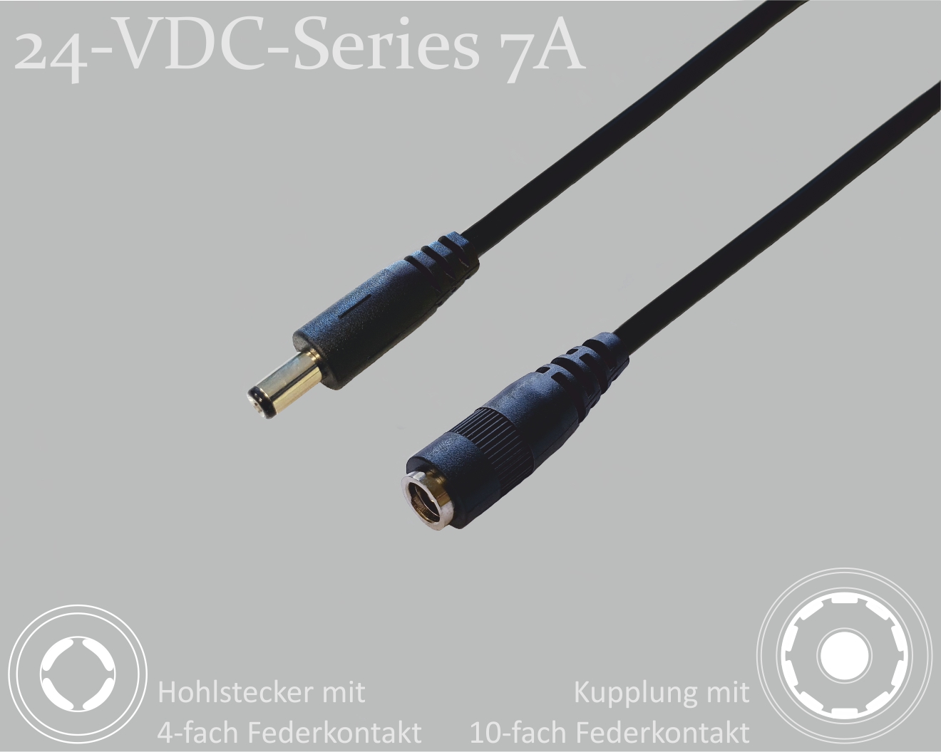 24-VDC-Series 7A, DC extension cable, DC plug with 4-spring contact 2.1x5.5x9.5mm to DC coupling with 10-spring contact 2.1x5.5mm, round cable 2x0.50mm², black, 4m