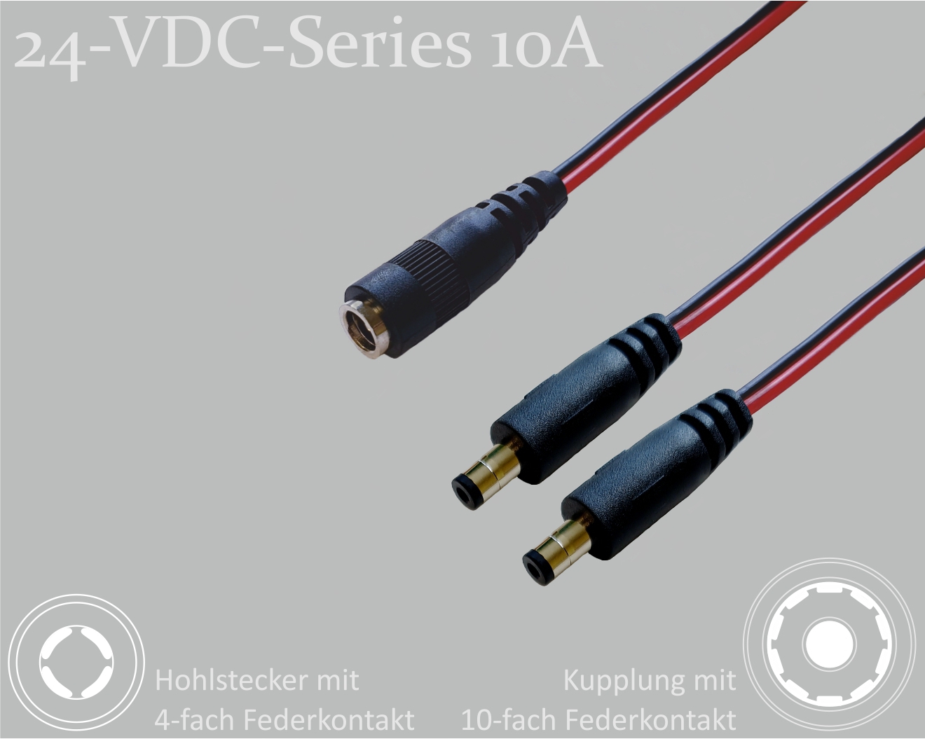 24-VDC-Series 10A, DC-Verteiler 1x DC-Kupplung mit 10-Federkontakt auf 2x DC-Stecker mit 4-Federkontakt,  2,1x5,5mm, Flachkabel 2x0,75mm², rot/schwarz, 0,3m