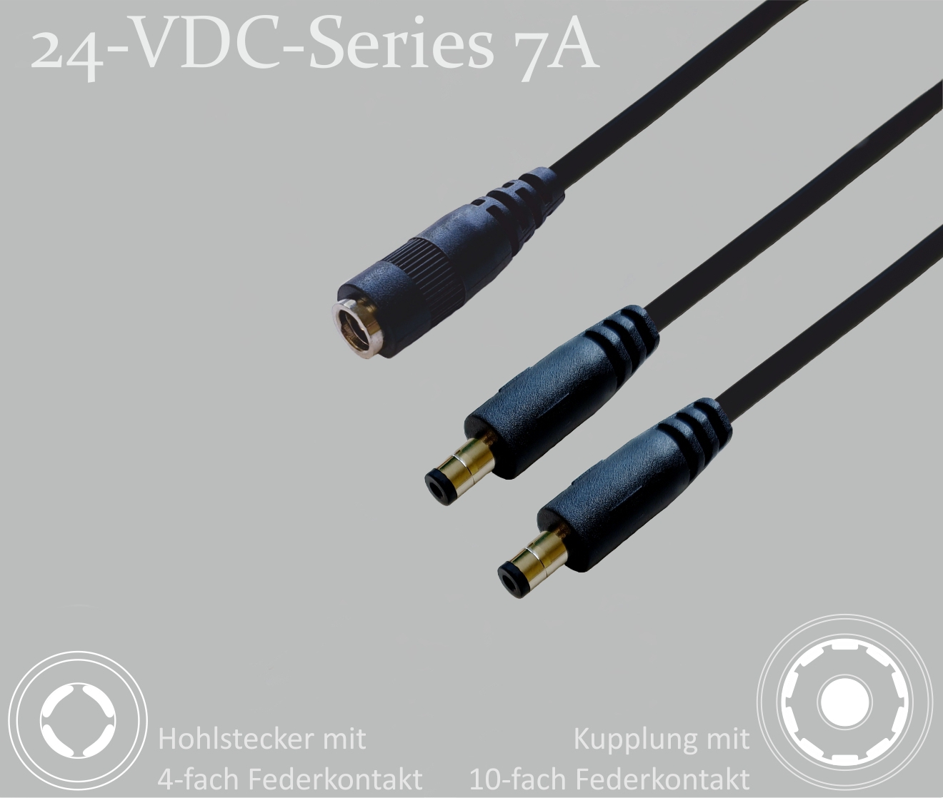 24-VDC-Series 7A, DC-Verteiler 1x DC-Kupplung mit 10-Federkontakt auf 2x DC-Stecker mit 4-Federkontakt,  2,1x5,5mm, Rundkabel 2x0,5mm², schwarz, 0,3m