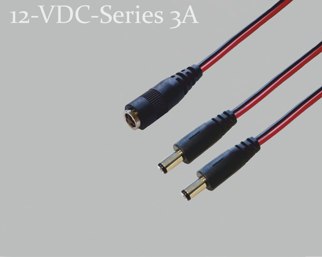 12-VDC-Series 3A, DC-Verteiler 1x DC-Kupplung auf 2x DC-Stecker mit Federkontakt,  2,1x5,5mm, Flachkabel 2x0,4mm², rot/schwarz, 0,3m
