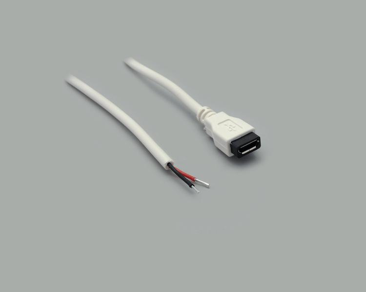 USB cable, Micro USB-B socket to stripped and tinned ends, 2-pin use, white, length 1,0m